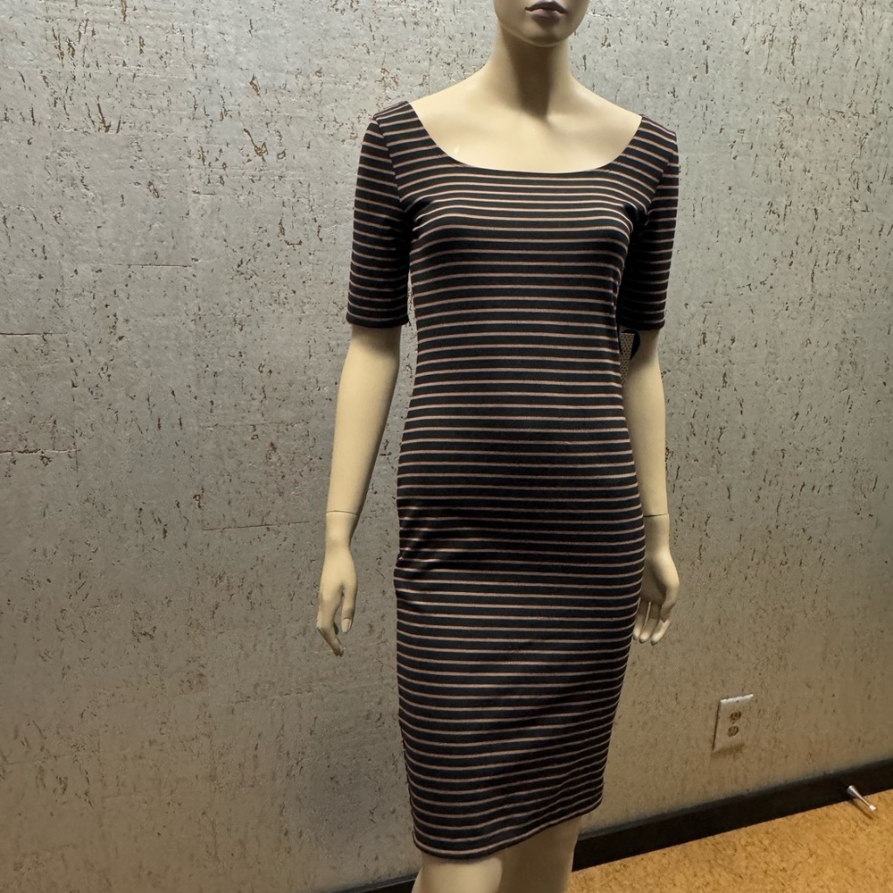 Popular Basics Black and Brown Striped Midi Dress